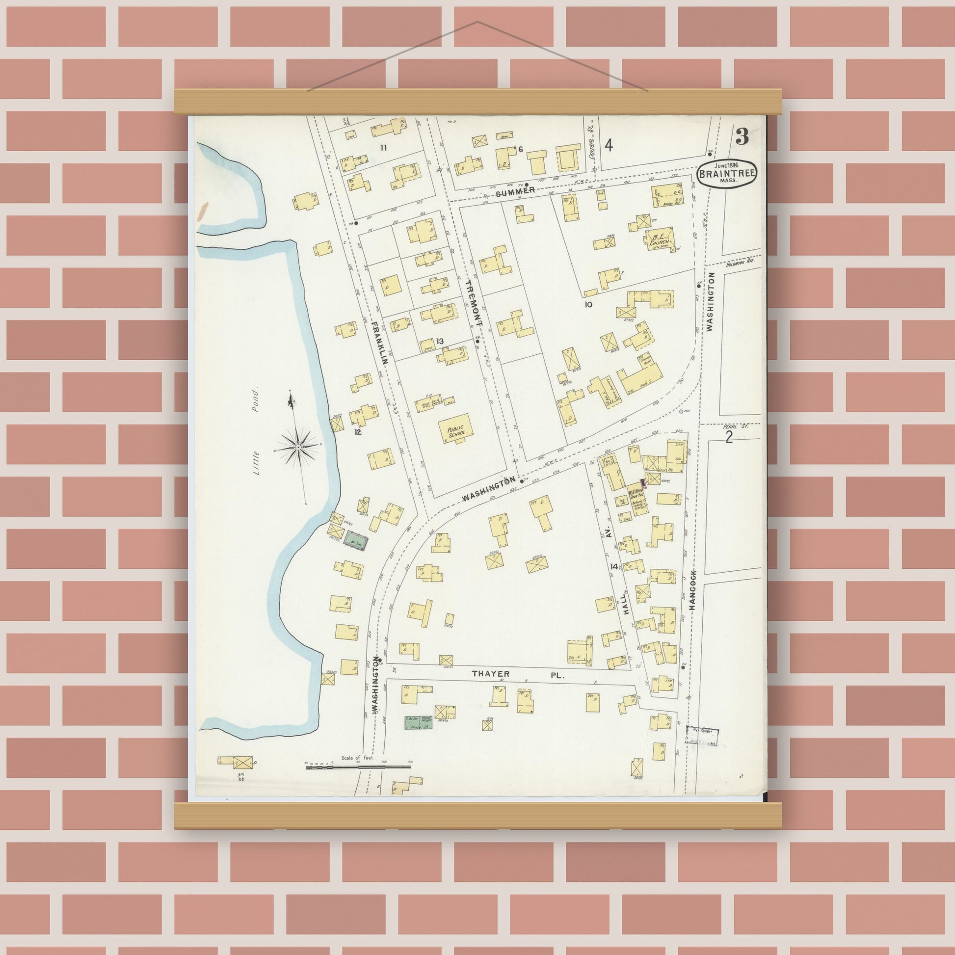 Old map wall art mockup — magnetic wood frame on brick wall — Sanborn Fire Insurance Map from Braintree, Norfolk County, Massachusetts (1896), Sheet #0003