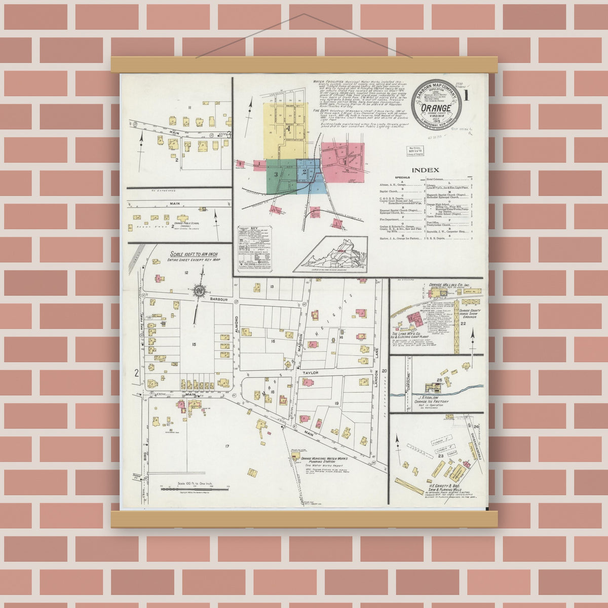 Old map wall art mockup — magnetic wood frame on brick wall — Sanborn Fire Insurance Map from Orange, Orange County, Virginia (1919) - Complete Map Set