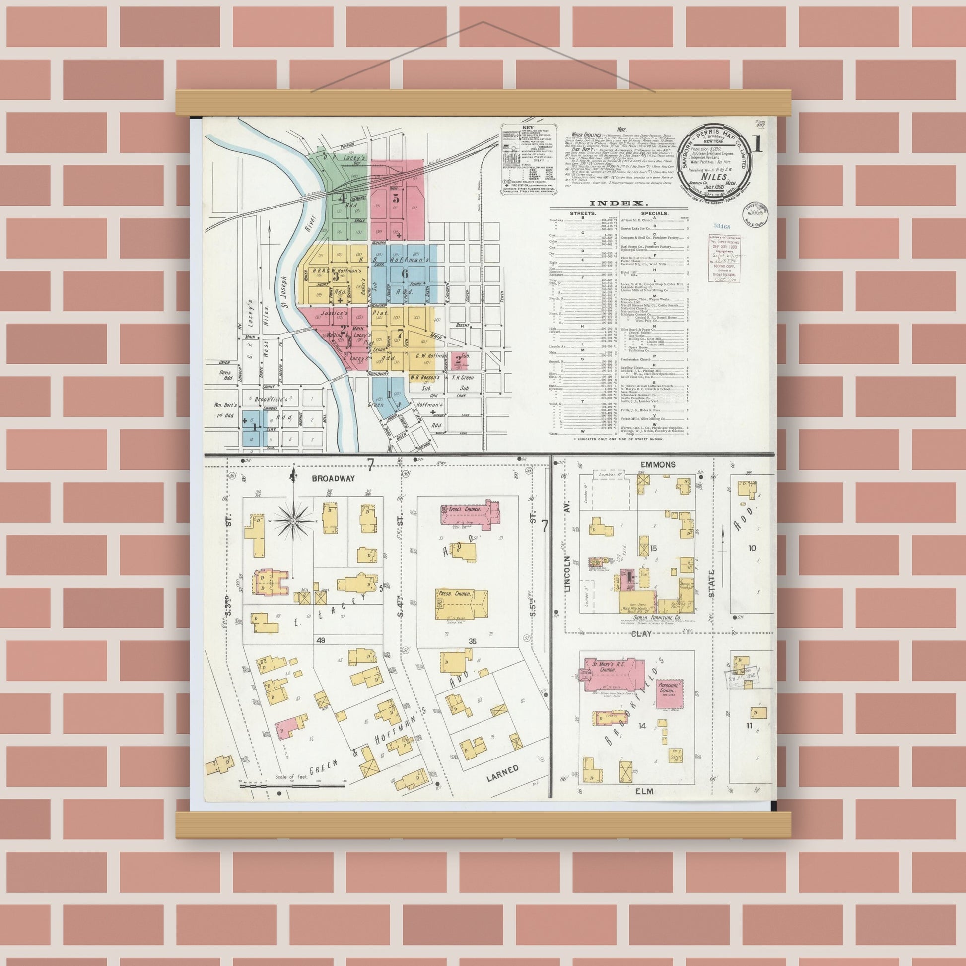 Old map wall art mockup — magnetic wood frame on brick wall — Sanborn Fire Insurance Map from Niles, Berrien County, Michigan (1900) - Complete Map Set