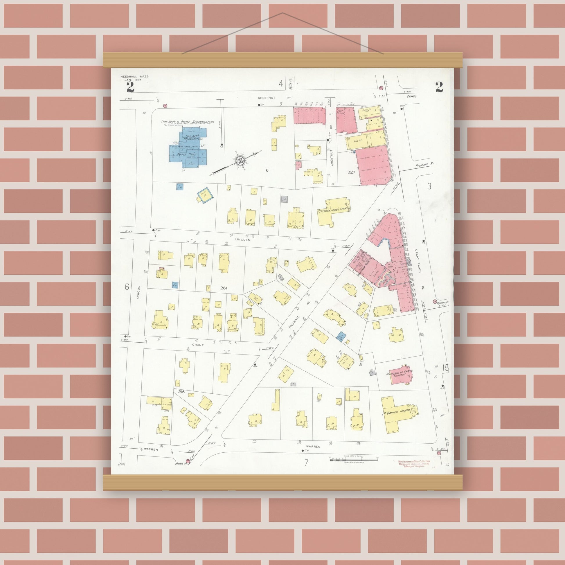 Old map wall art mockup — magnetic wood frame on brick wall — Sanborn Fire Insurance Map from Needham, Norfolk County, Massachusetts (1937), Sheet #0002