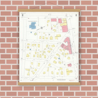 Old map wall art mockup — magnetic wood frame on brick wall — Sanborn Fire Insurance Map from Needham, Norfolk County, Massachusetts (1937), Sheet #0002