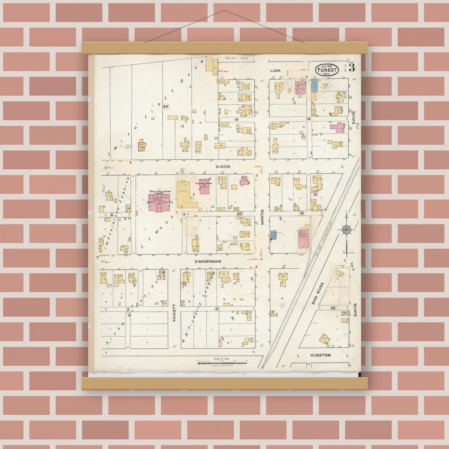 Old map wall art mockup — magnetic wood frame on brick wall — Sanborn Fire Insurance Map from Forest, Hardin County, Ohio (1932), Sheet #0003