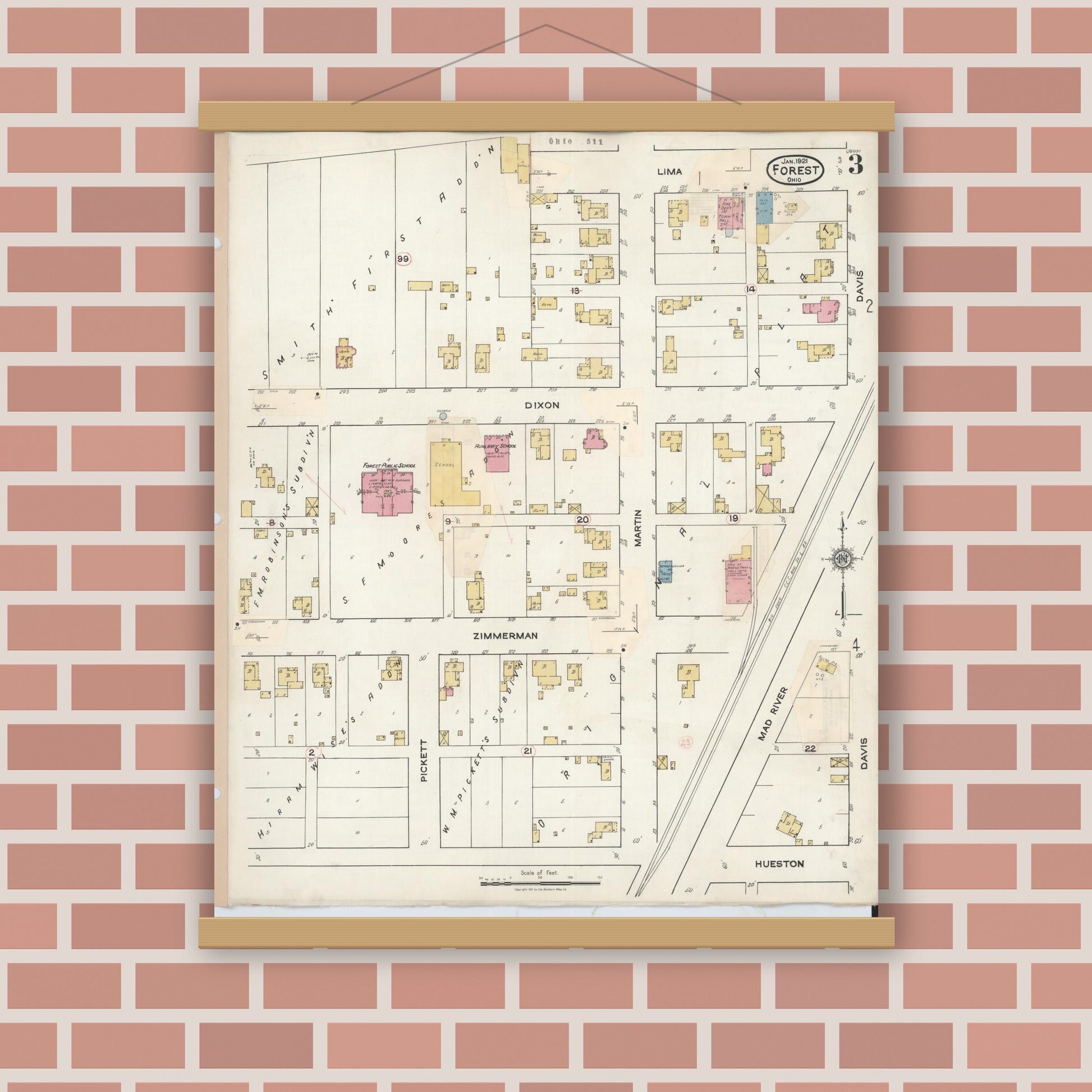 Old map wall art mockup — magnetic wood frame on brick wall — Sanborn Fire Insurance Map from Forest, Hardin County, Ohio (1932), Sheet #0003