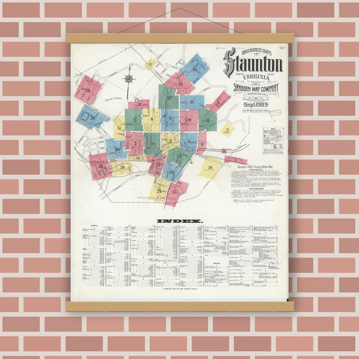 Old map wall art mockup — magnetic wood frame on brick wall — Sanborn Fire Insurance Map from Staunton, Independent Cities, Virginia (1909), Sheet #0001