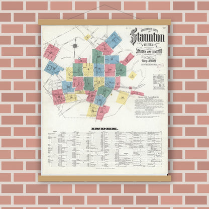 Old map wall art mockup — magnetic wood frame on brick wall — Sanborn Fire Insurance Map from Staunton, Independent Cities, Virginia (1909), Sheet #0001