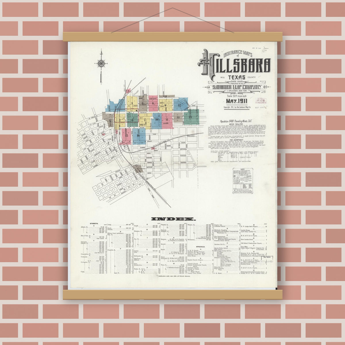 Old map wall art mockup — magnetic wood frame on brick wall — Sanborn Fire Insurance Map from Hillsboro, Hill County, Texas (1911) - Complete Map Set
