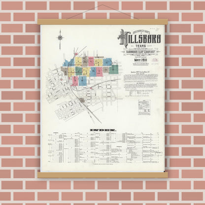 Old map wall art mockup — magnetic wood frame on brick wall — Sanborn Fire Insurance Map from Hillsboro, Hill County, Texas (1911) - Complete Map Set