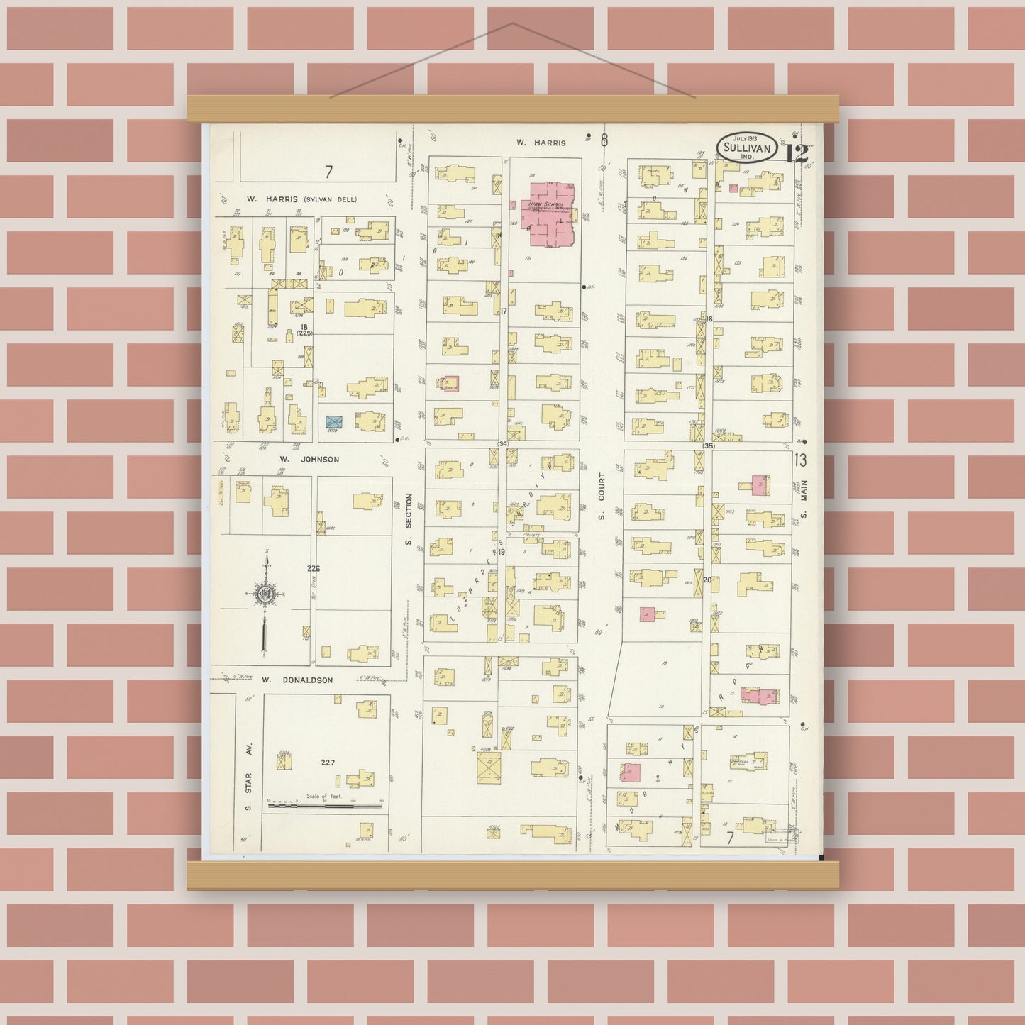 Old map wall art mockup — magnetic wood frame on brick wall — Sanborn Fire Insurance Map from Sullivan, Sullivan County, Indiana (1913), Sheet #0012