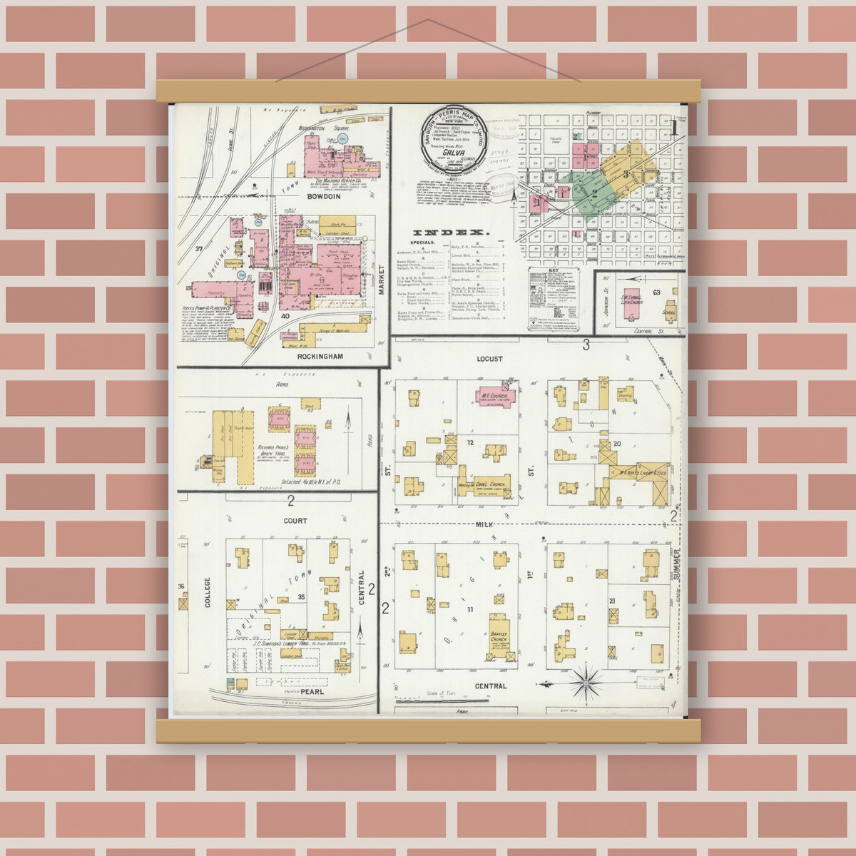 Old map wall art mockup — magnetic wood frame on brick wall — Sanborn Fire Insurance Map from Galva, Henry County, Illinois (1899), Sheet #0001