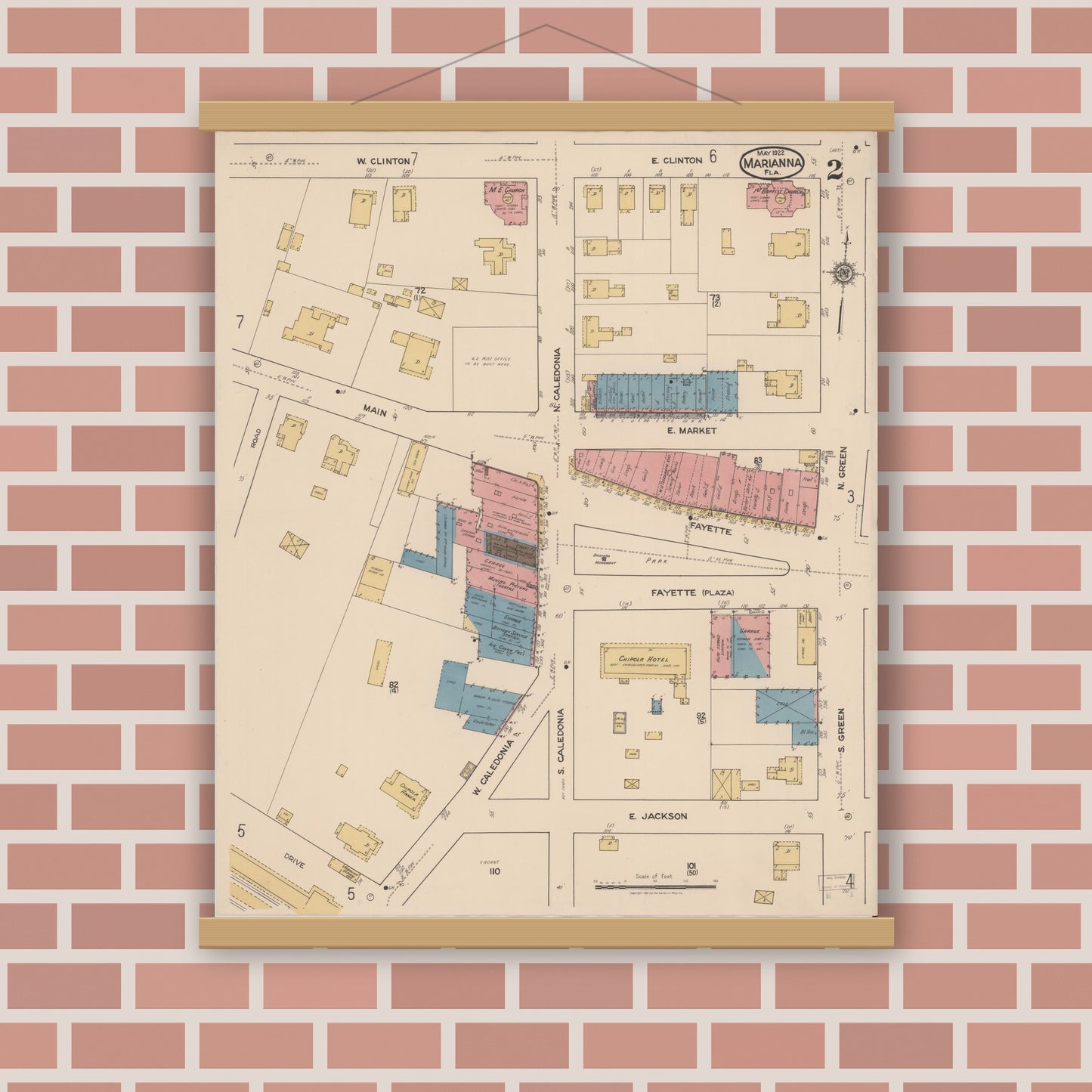 Old map wall art mockup — magnetic wood frame on brick wall — Sanborn Fire Insurance Map from Marianna, Jackson County, Florida (1922), Sheet #0002