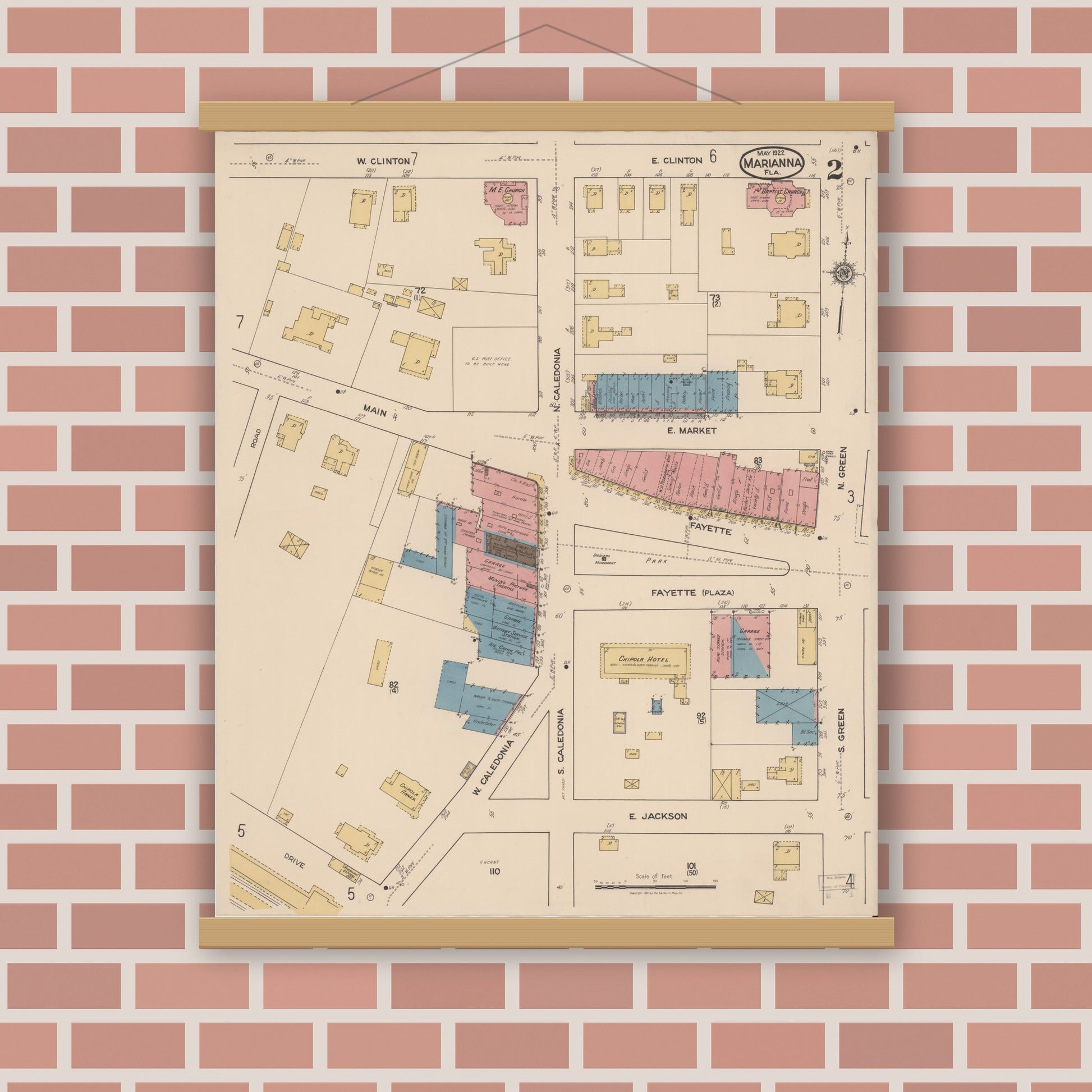 Old map wall art mockup — magnetic wood frame on brick wall — Sanborn Fire Insurance Map from Marianna, Jackson County, Florida (1922), Sheet #0002