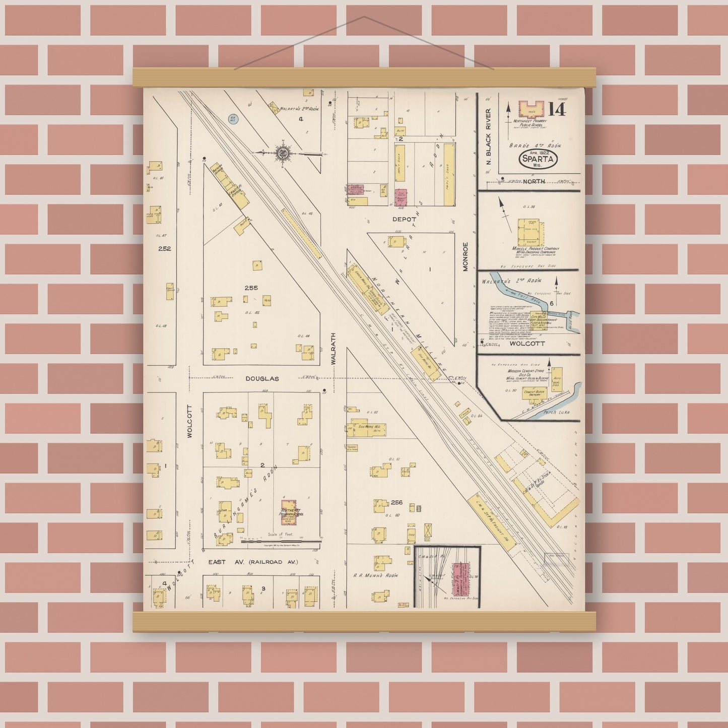 Old map wall art mockup — magnetic wood frame on brick wall — Sanborn Fire Insurance Map from Sparta, Monroe County, Wisconsin (1922), Sheet #0014