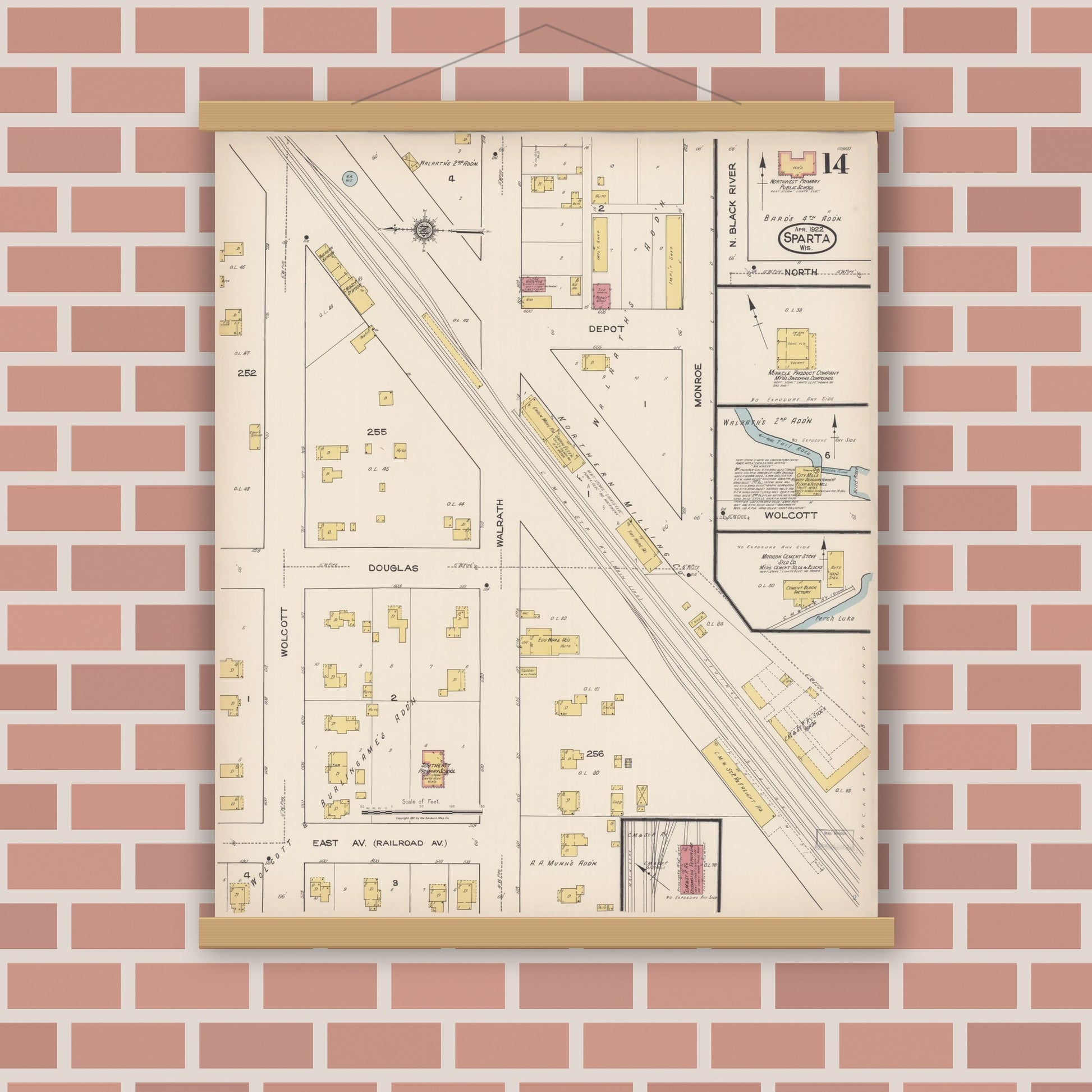 Old map wall art mockup — magnetic wood frame on brick wall — Sanborn Fire Insurance Map from Sparta, Monroe County, Wisconsin (1922), Sheet #0014