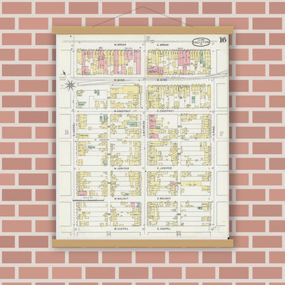 Old map wall art mockup — magnetic wood frame on brick wall — Sanborn Fire Insurance Map from Hazleton, Luzerne County, Pennsylvania (1895), Sheet #0016