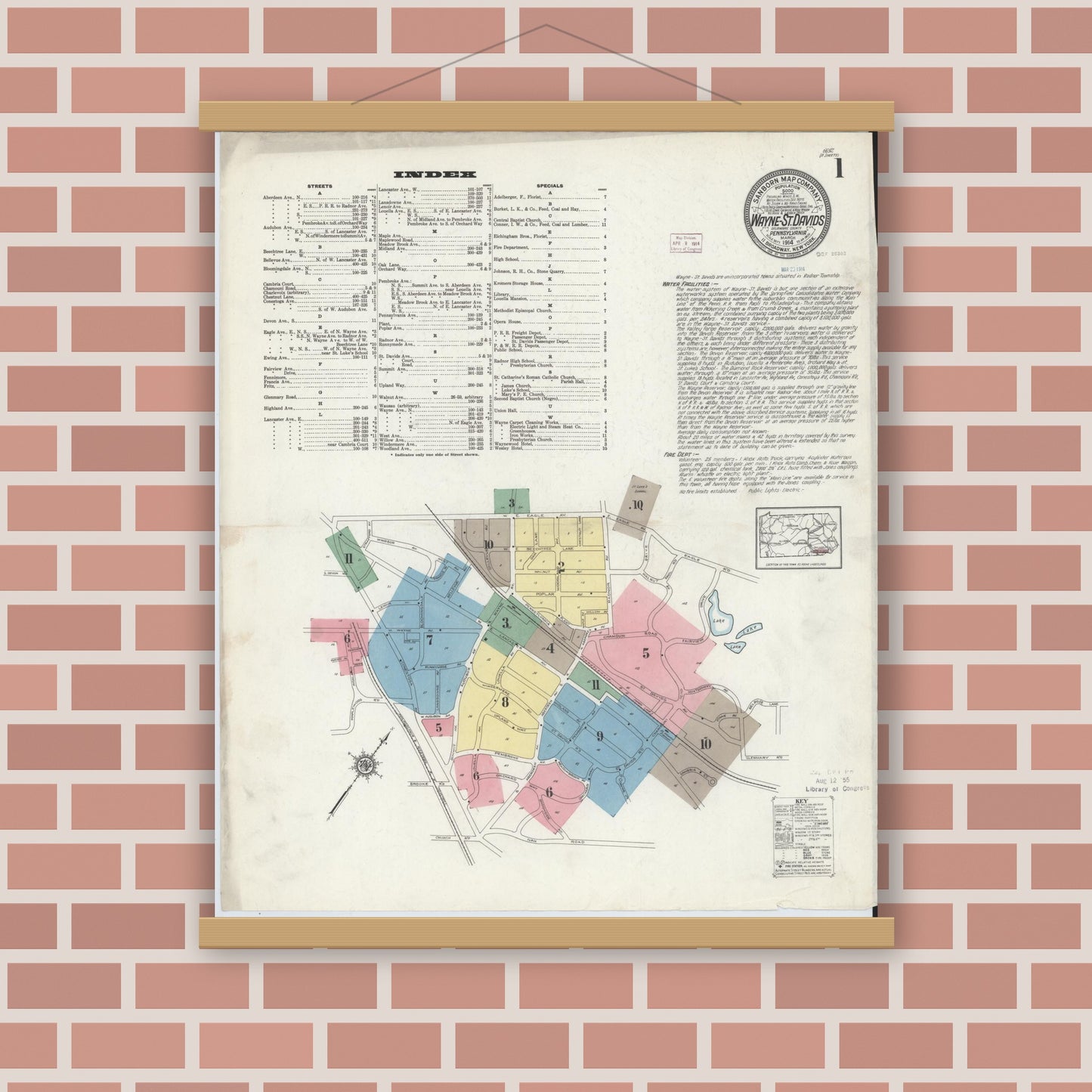 Old map wall art mockup — magnetic wood frame on brick wall — Sanborn Fire Insurance Map from Wayne, Delaware County, Pennsylvania (1914) - Complete Map Set
