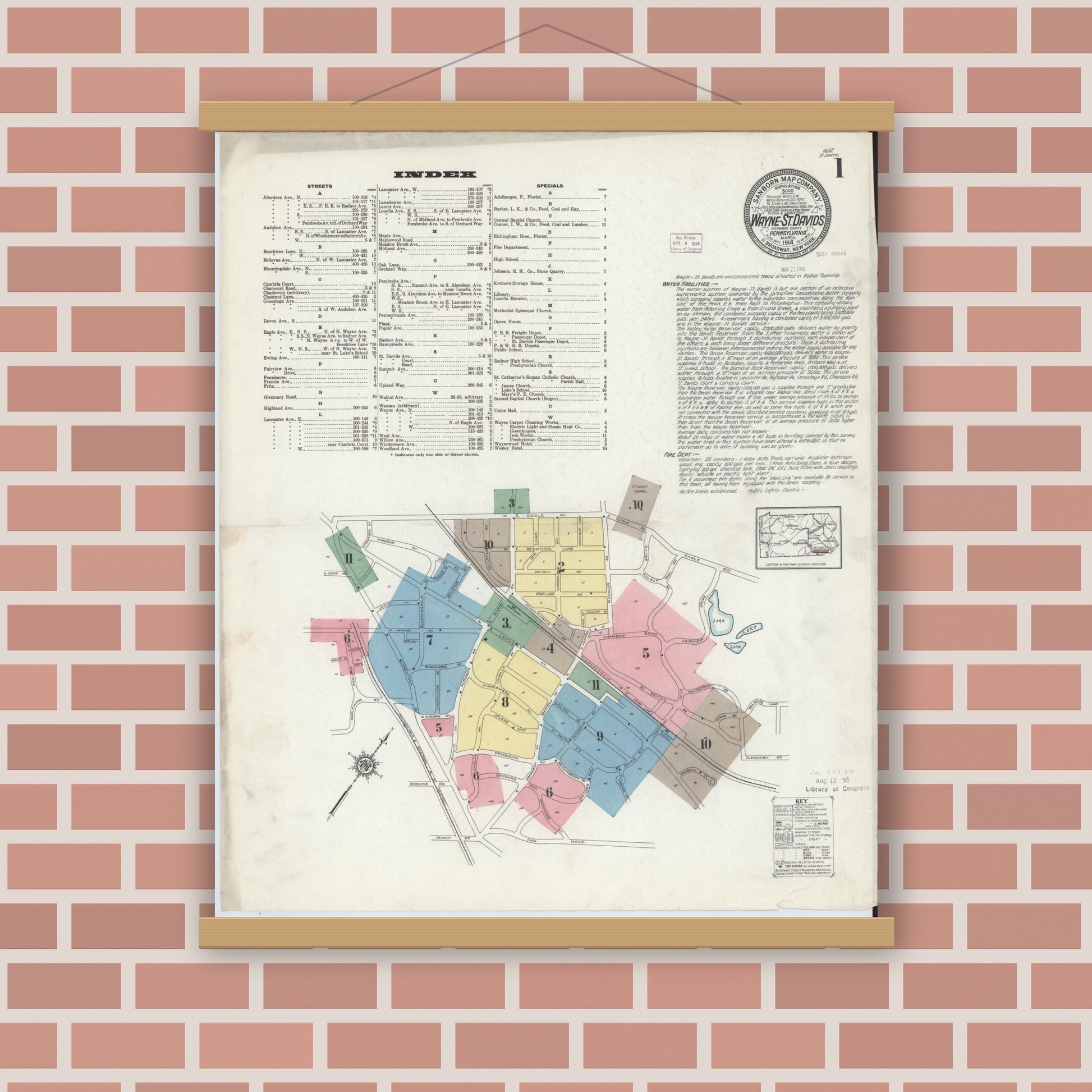 Old map wall art mockup — magnetic wood frame on brick wall — Sanborn Fire Insurance Map from Wayne, Delaware County, Pennsylvania (1914) - Complete Map Set