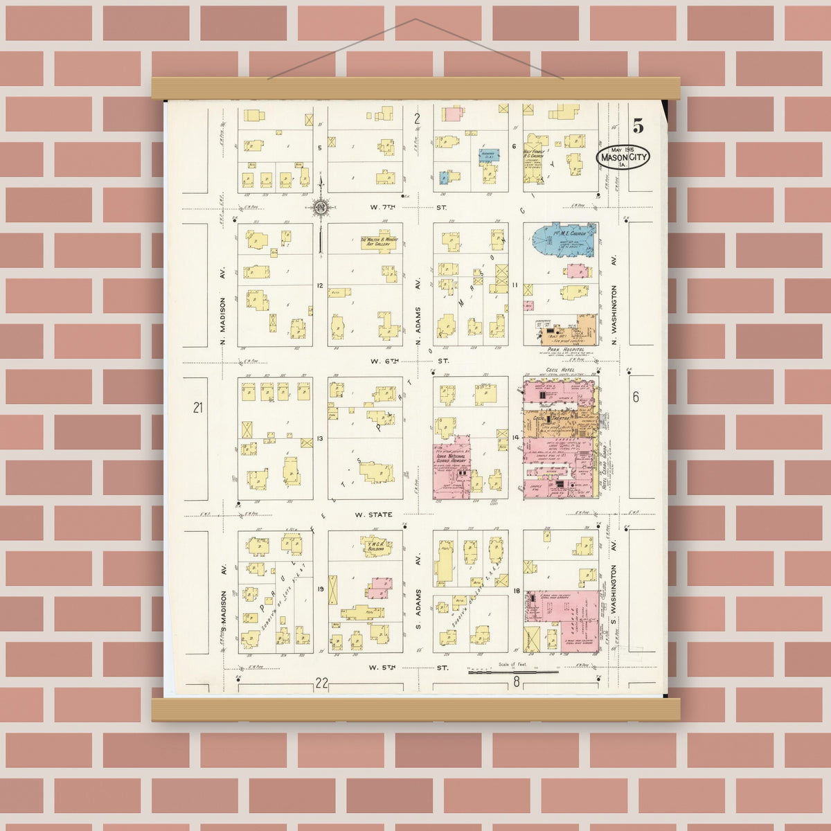 Old map wall art mockup — magnetic wood frame on brick wall — Sanborn Fire Insurance Map from Mason City, Cerro Gordo County, Iowa (1915), Sheet #0005