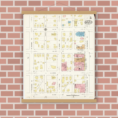 Old map wall art mockup — magnetic wood frame on brick wall — Sanborn Fire Insurance Map from Mason City, Cerro Gordo County, Iowa (1915), Sheet #0005