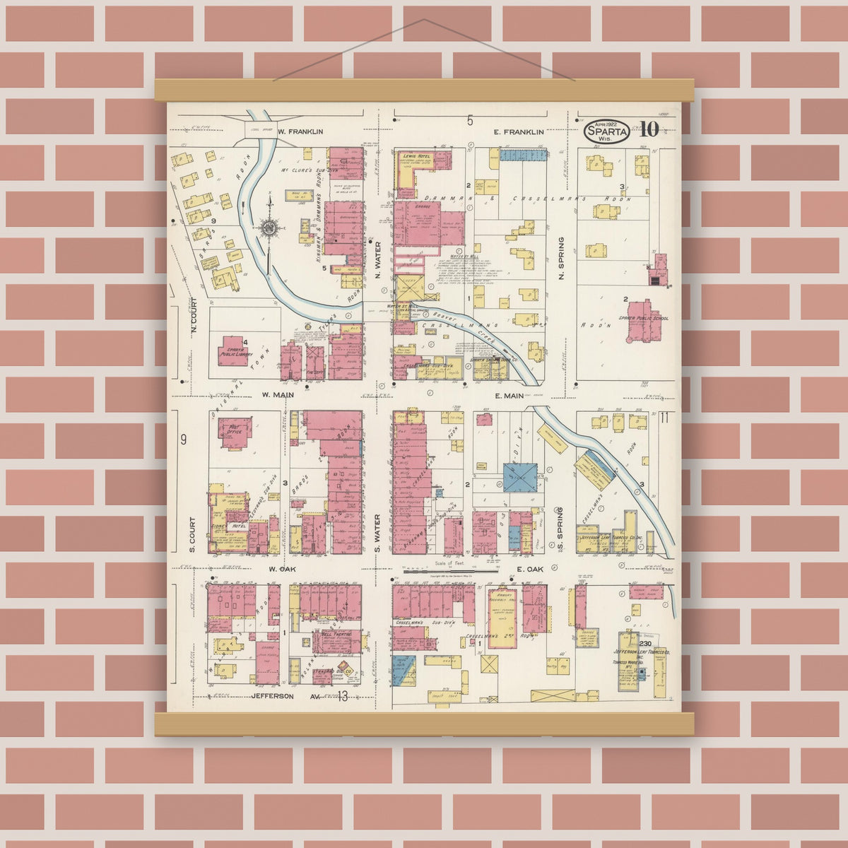 Old map wall art mockup — magnetic wood frame on brick wall — Sanborn Fire Insurance Map from Sparta, Monroe County, Wisconsin (1922), Sheet #0010