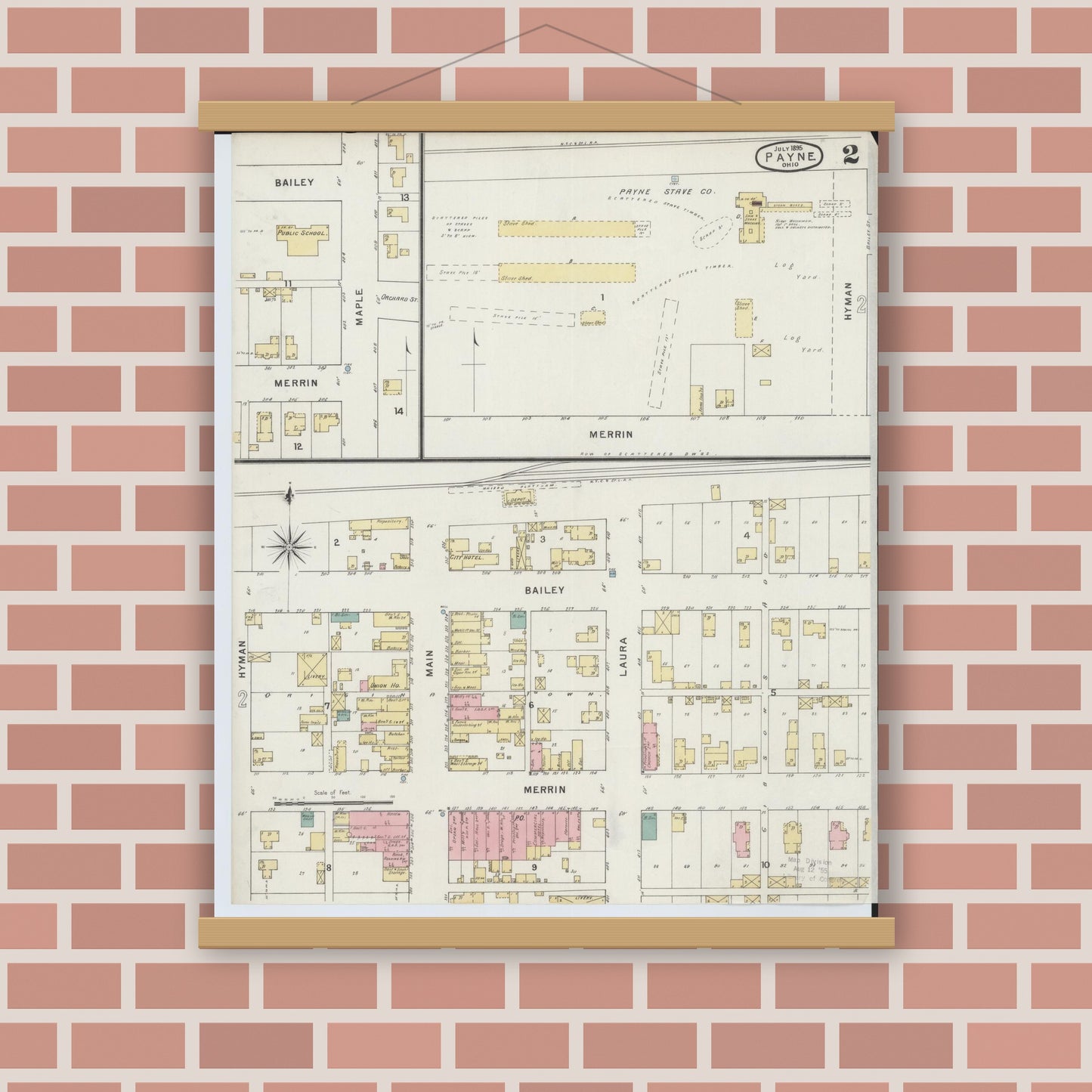Old map wall art mockup — magnetic wood frame on brick wall — Sanborn Fire Insurance Map from Payne, Paulding County, Ohio (1895), Sheet #0002
