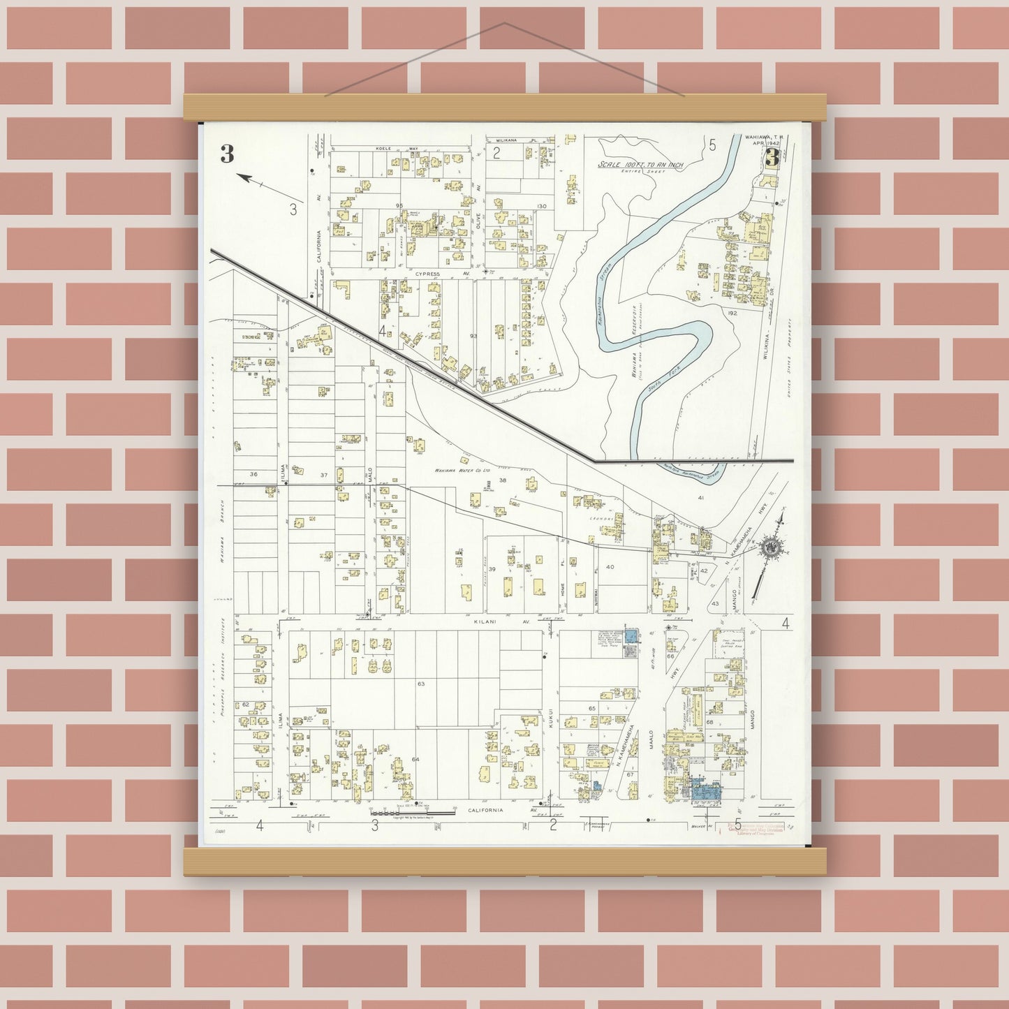 Old map wall art mockup — magnetic wood frame on brick wall — Sanborn Fire Insurance Map from Wahiawa, Honolulu County, Hawaii (1942), Sheet #0003
