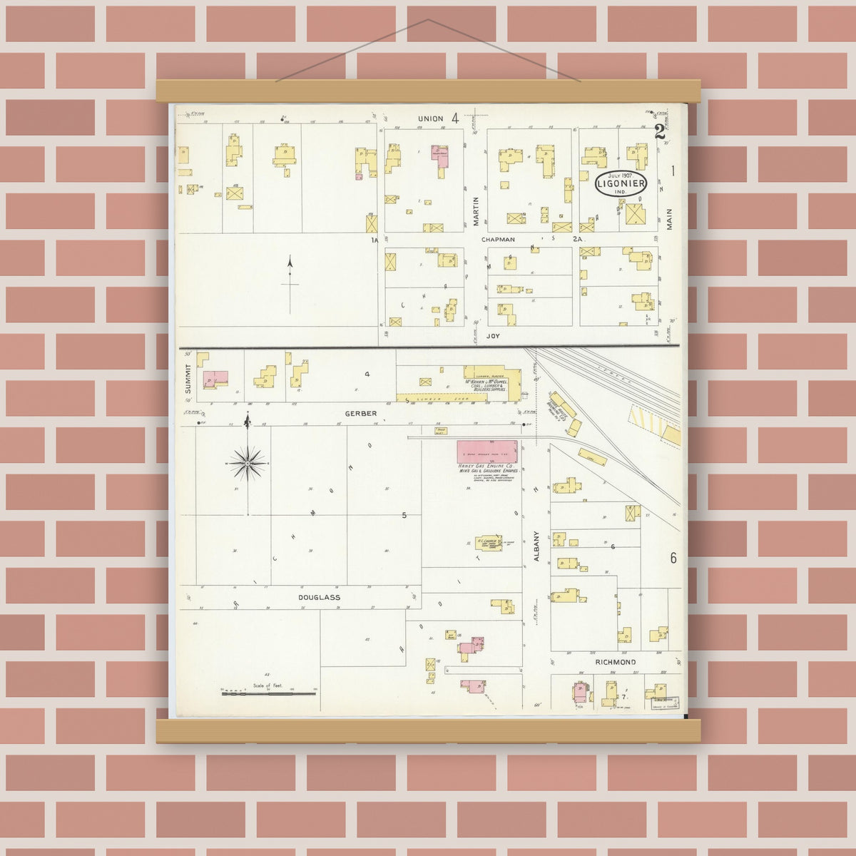 Old map wall art mockup — magnetic wood frame on brick wall — Sanborn Fire Insurance Map from Ligonier, Noble County, Indiana (1907), Sheet #0002