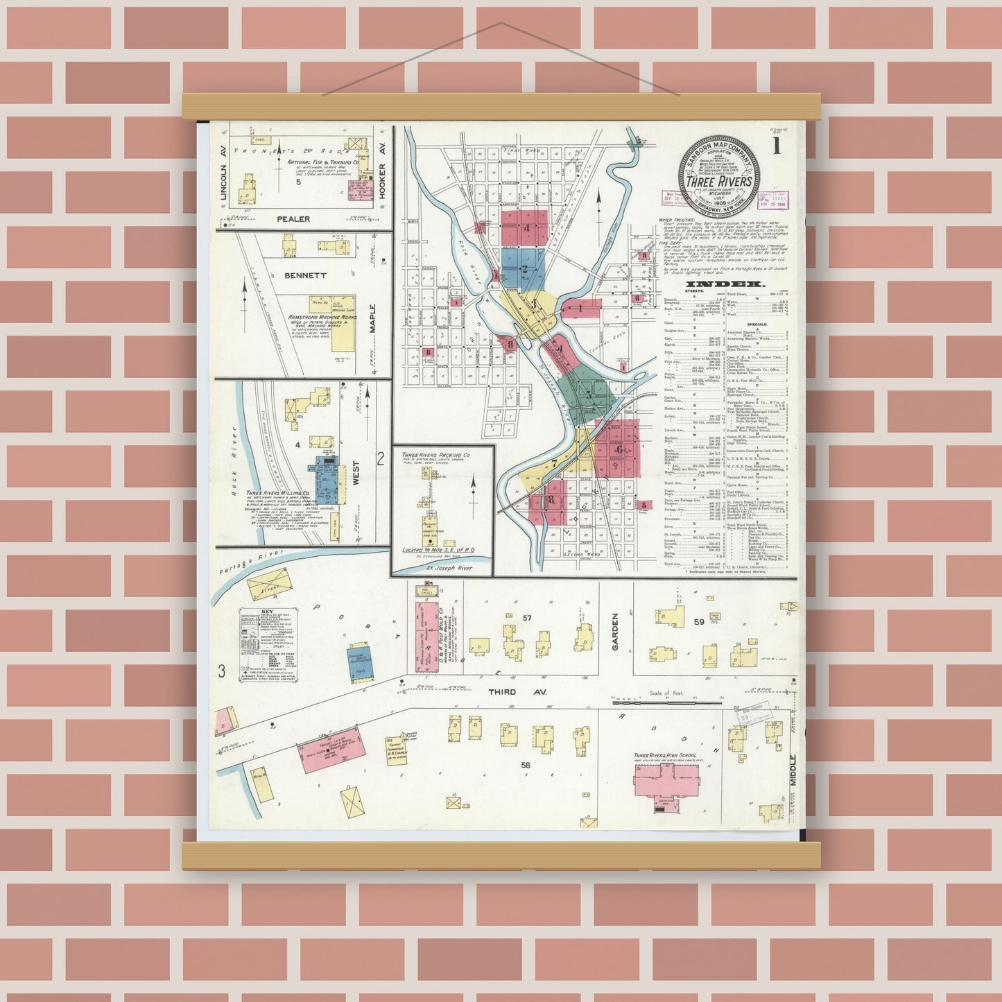 Old map wall art mockup — magnetic wood frame on brick wall — Sanborn Fire Insurance Map from Three Rivers, Saint Joseph County, Michigan (1909) - Complete Map Set