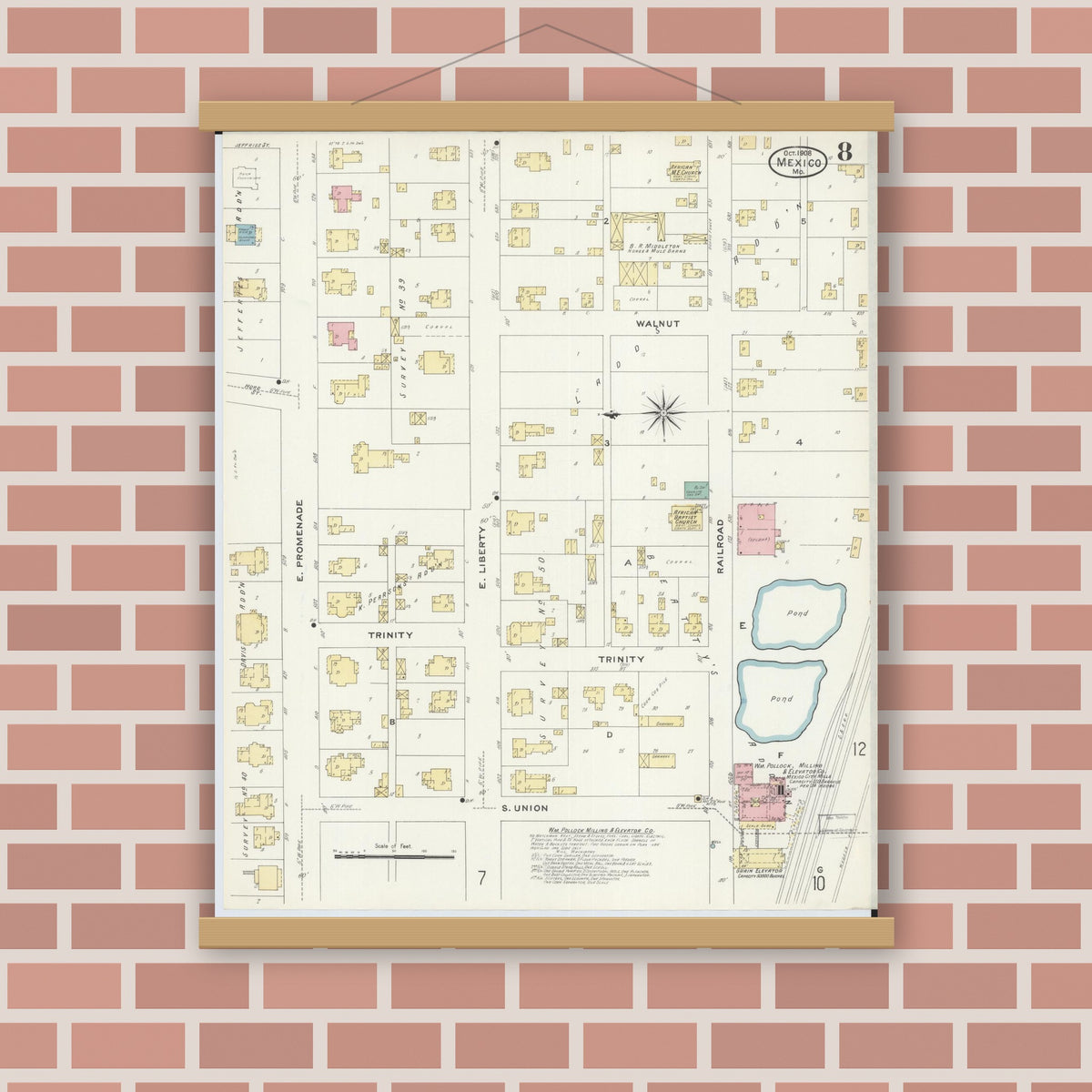Old map wall art mockup — magnetic wood frame on brick wall — Sanborn Fire Insurance Map from Mexico, Audrain County, Missouri (1908), Sheet #0008
