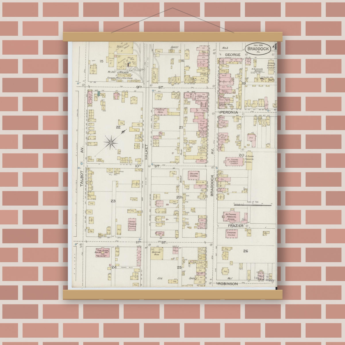 Old map wall art mockup — magnetic wood frame on brick wall — Sanborn Fire Insurance Map from Braddock, Allegheny County, Pennsylvania (1886), Sheet #0004
