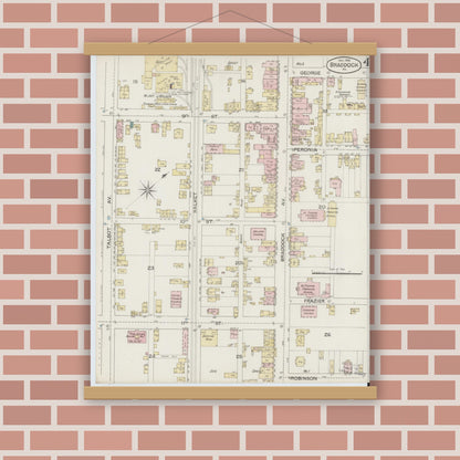 Old map wall art mockup — magnetic wood frame on brick wall — Sanborn Fire Insurance Map from Braddock, Allegheny County, Pennsylvania (1886), Sheet #0004