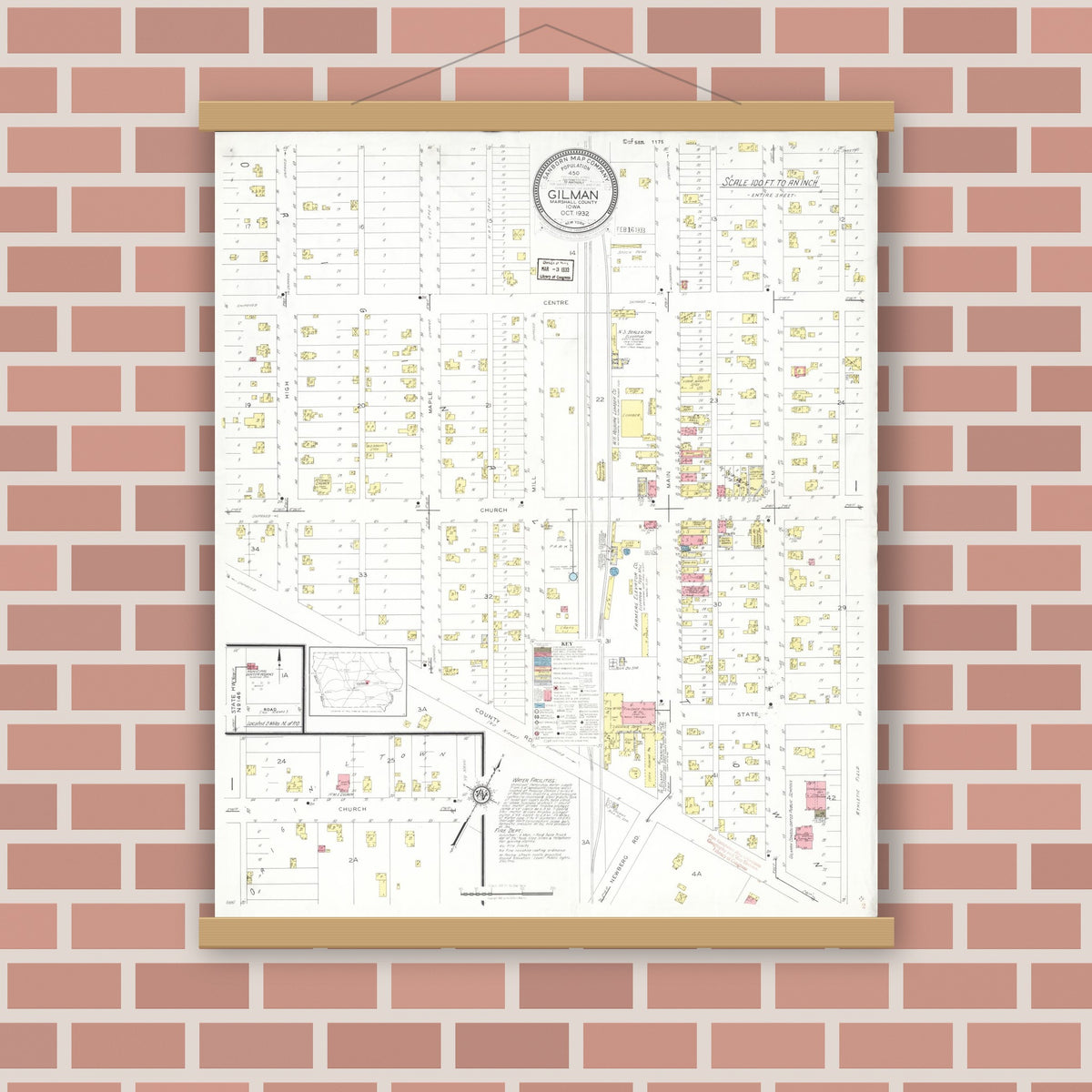 Old map wall art mockup — magnetic wood frame on brick wall — Sanborn Fire Insurance Map from Gilman, Marshall County, Iowa (1932), Sheet #0001