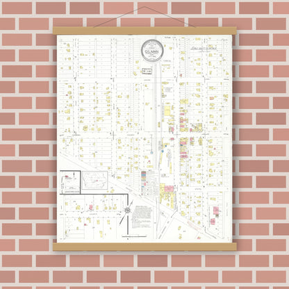 Old map wall art mockup — magnetic wood frame on brick wall — Sanborn Fire Insurance Map from Gilman, Marshall County, Iowa (1932), Sheet #0001