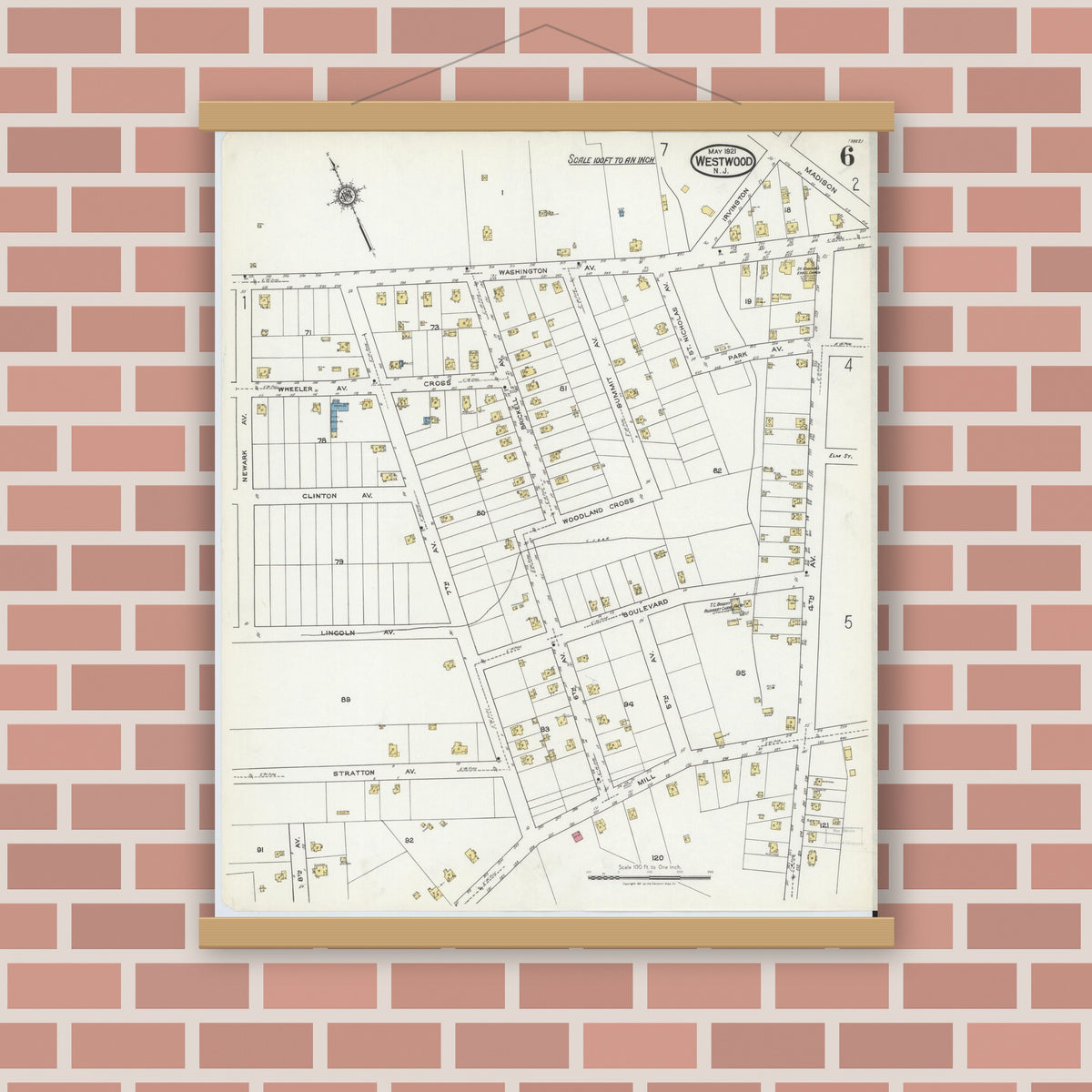 Old map wall art mockup — magnetic wood frame on brick wall — Sanborn Fire Insurance Map from Westwood, Bergen County, New Jersey (1921), Sheet #0006