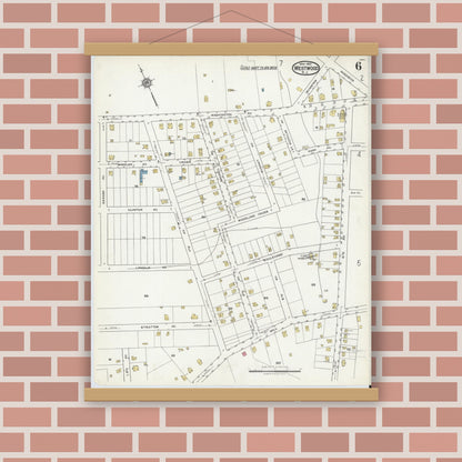 Old map wall art mockup — magnetic wood frame on brick wall — Sanborn Fire Insurance Map from Westwood, Bergen County, New Jersey (1921), Sheet #0006