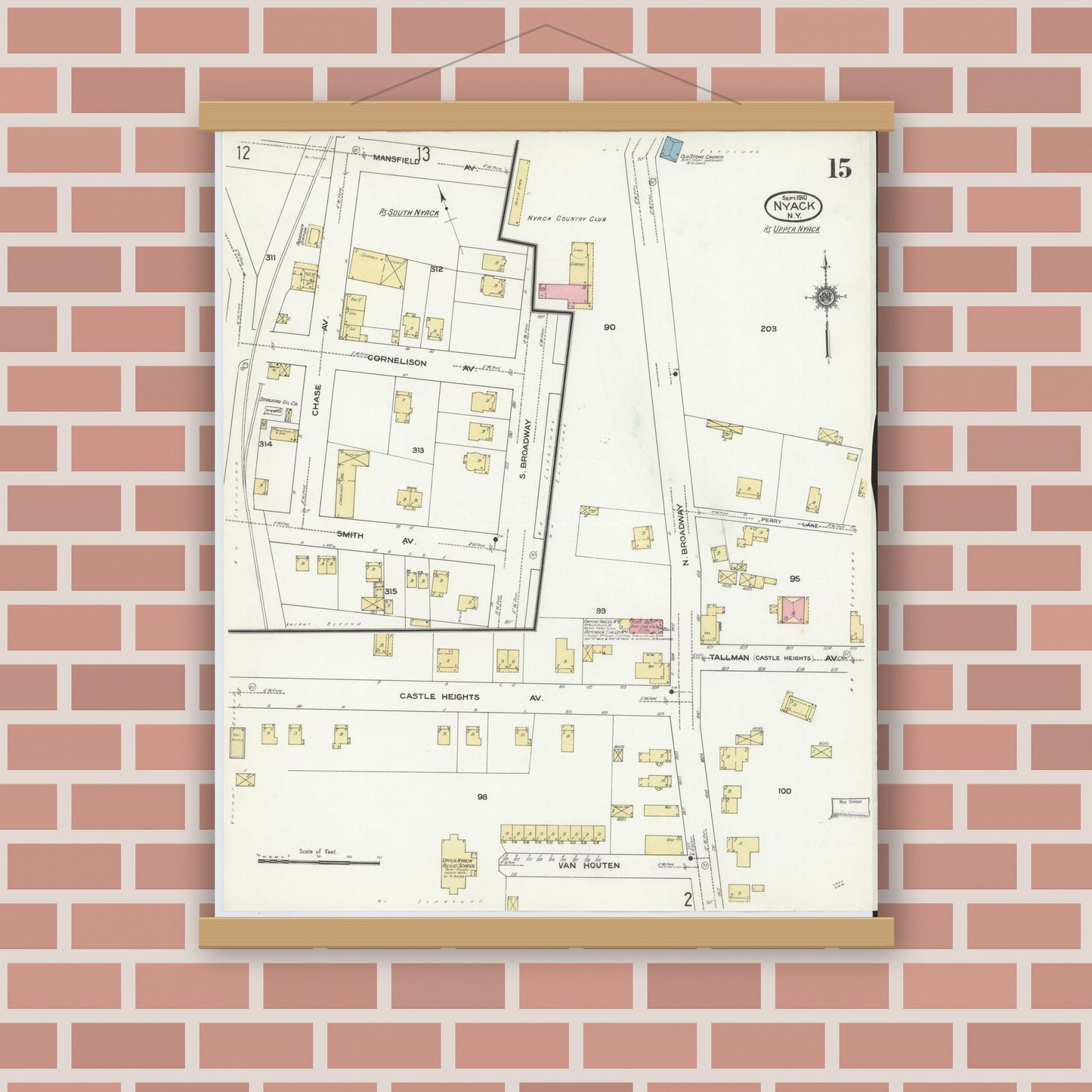 Old map wall art mockup — magnetic wood frame on brick wall — Sanborn Fire Insurance Map from Nyack, Rockland County, New York. (1910), Sheet #0015