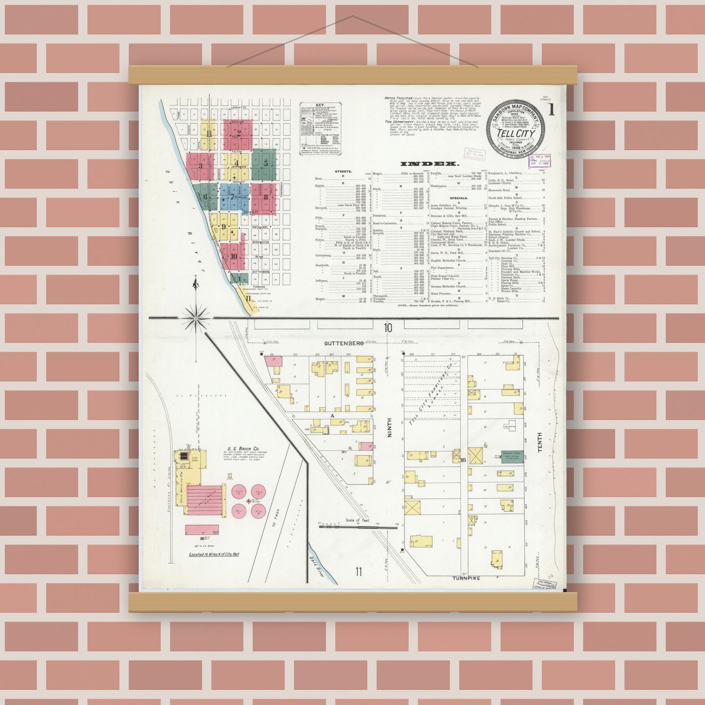 Old map wall art mockup — magnetic wood frame on brick wall — Sanborn Fire Insurance Map from Tell City, Perry County, Indiana (1909) - Complete Map Set