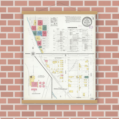 Old map wall art mockup — magnetic wood frame on brick wall — Sanborn Fire Insurance Map from Tell City, Perry County, Indiana (1909) - Complete Map Set