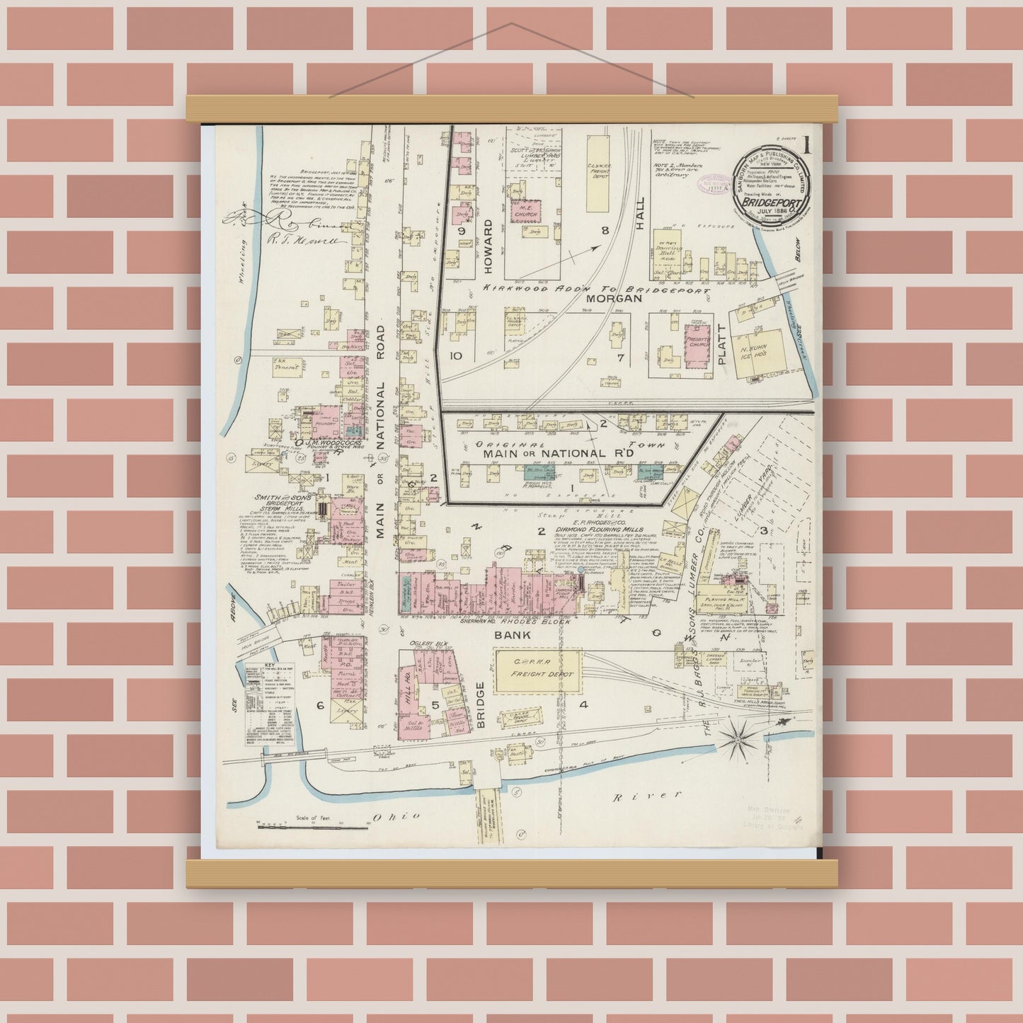 Old map wall art mockup — magnetic wood frame on brick wall — Sanborn Fire Insurance Map from Bridgeport, Belmont County, Ohio (1886), Sheet #0001