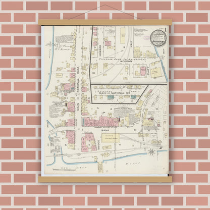 Old map wall art mockup — magnetic wood frame on brick wall — Sanborn Fire Insurance Map from Bridgeport, Belmont County, Ohio (1886), Sheet #0001