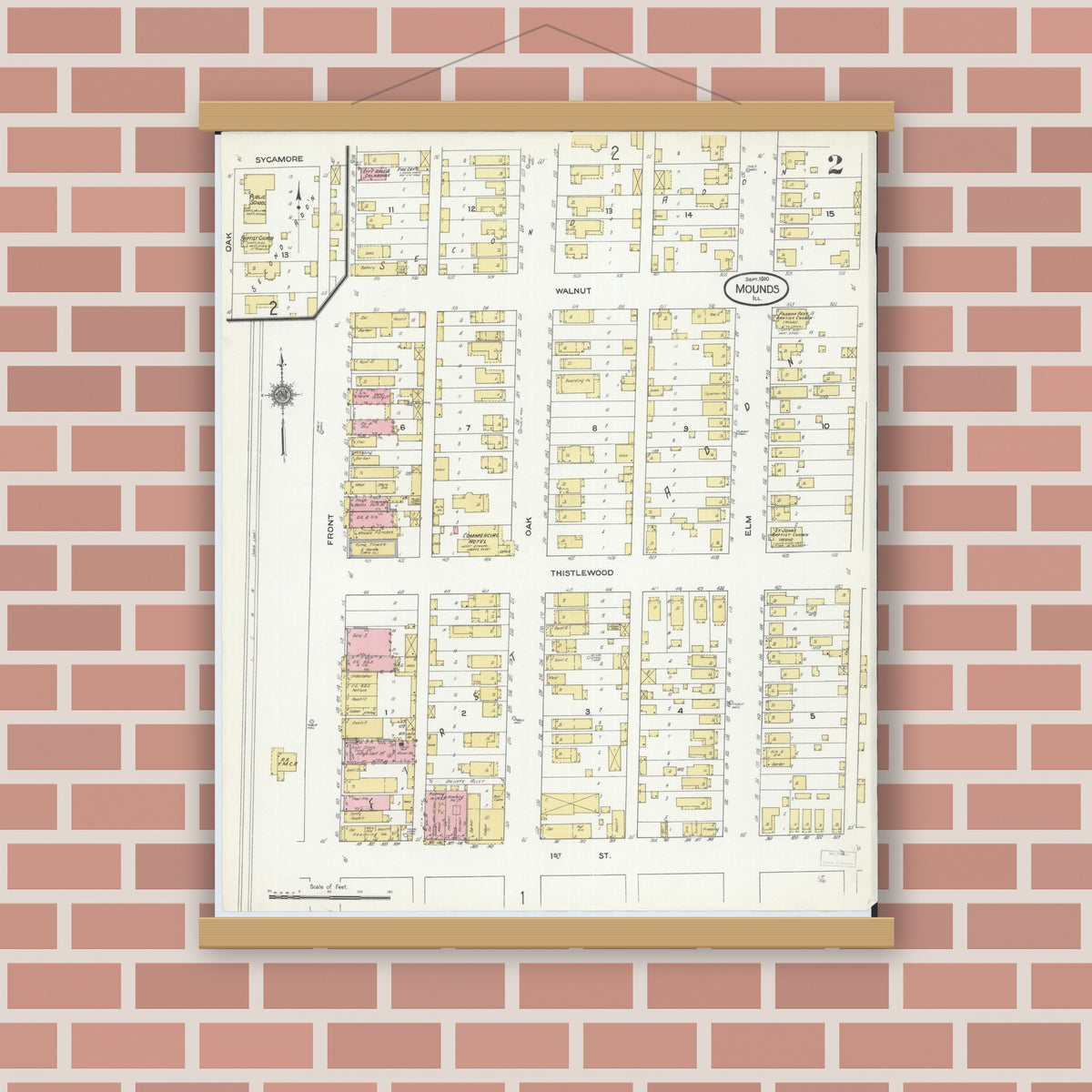 Old map wall art mockup — magnetic wood frame on brick wall — Sanborn Fire Insurance Map from Mounds, Pulaski County, Illinois (1910), Sheet #0002