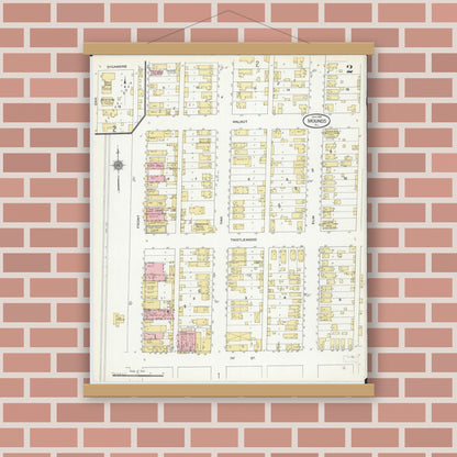 Old map wall art mockup — magnetic wood frame on brick wall — Sanborn Fire Insurance Map from Mounds, Pulaski County, Illinois (1910), Sheet #0002