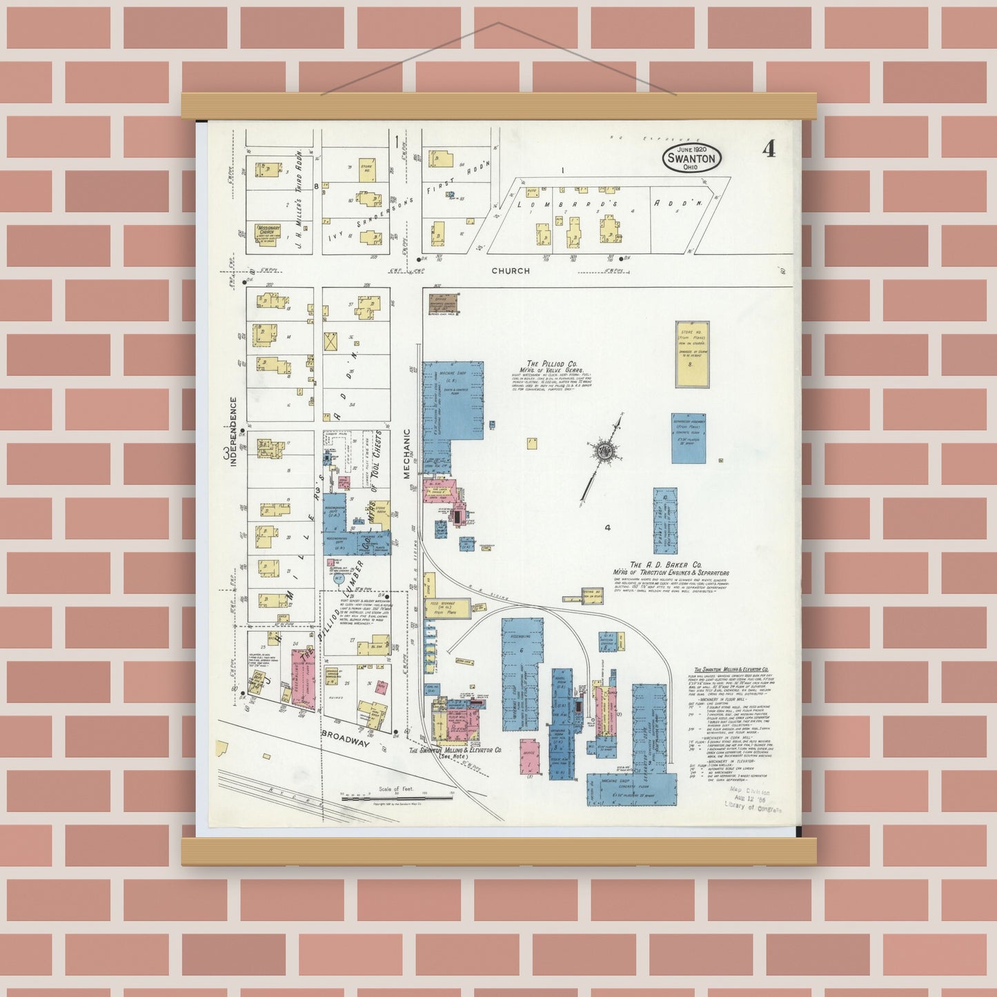 Old map wall art mockup — magnetic wood frame on brick wall — Sanborn Fire Insurance Map from Swanton, Fulton County, Ohio (1920), Sheet #0004