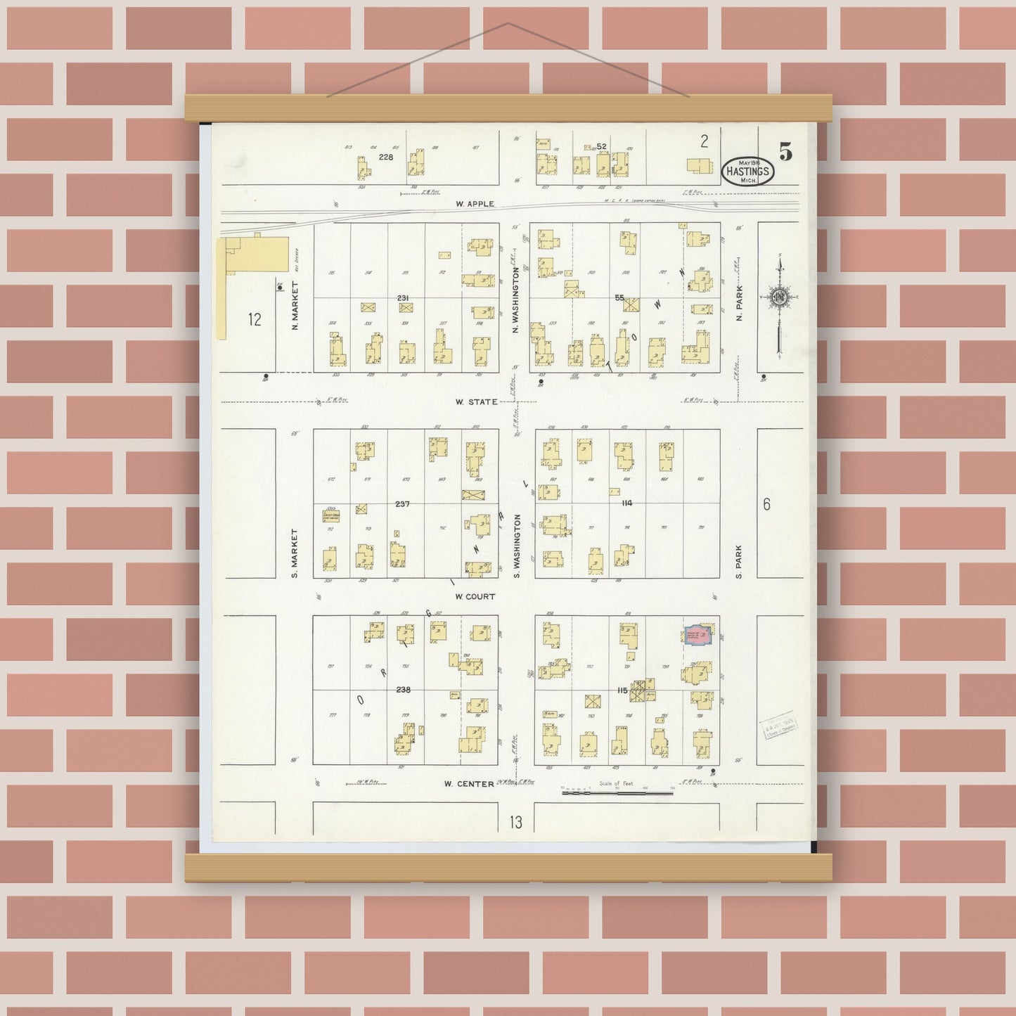 Old map wall art mockup — magnetic wood frame on brick wall — Sanborn Fire Insurance Map from Hastings, Barry County, Michigan (1916), Sheet #0005