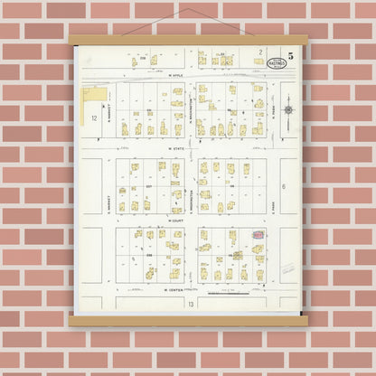 Old map wall art mockup — magnetic wood frame on brick wall — Sanborn Fire Insurance Map from Hastings, Barry County, Michigan (1916), Sheet #0005