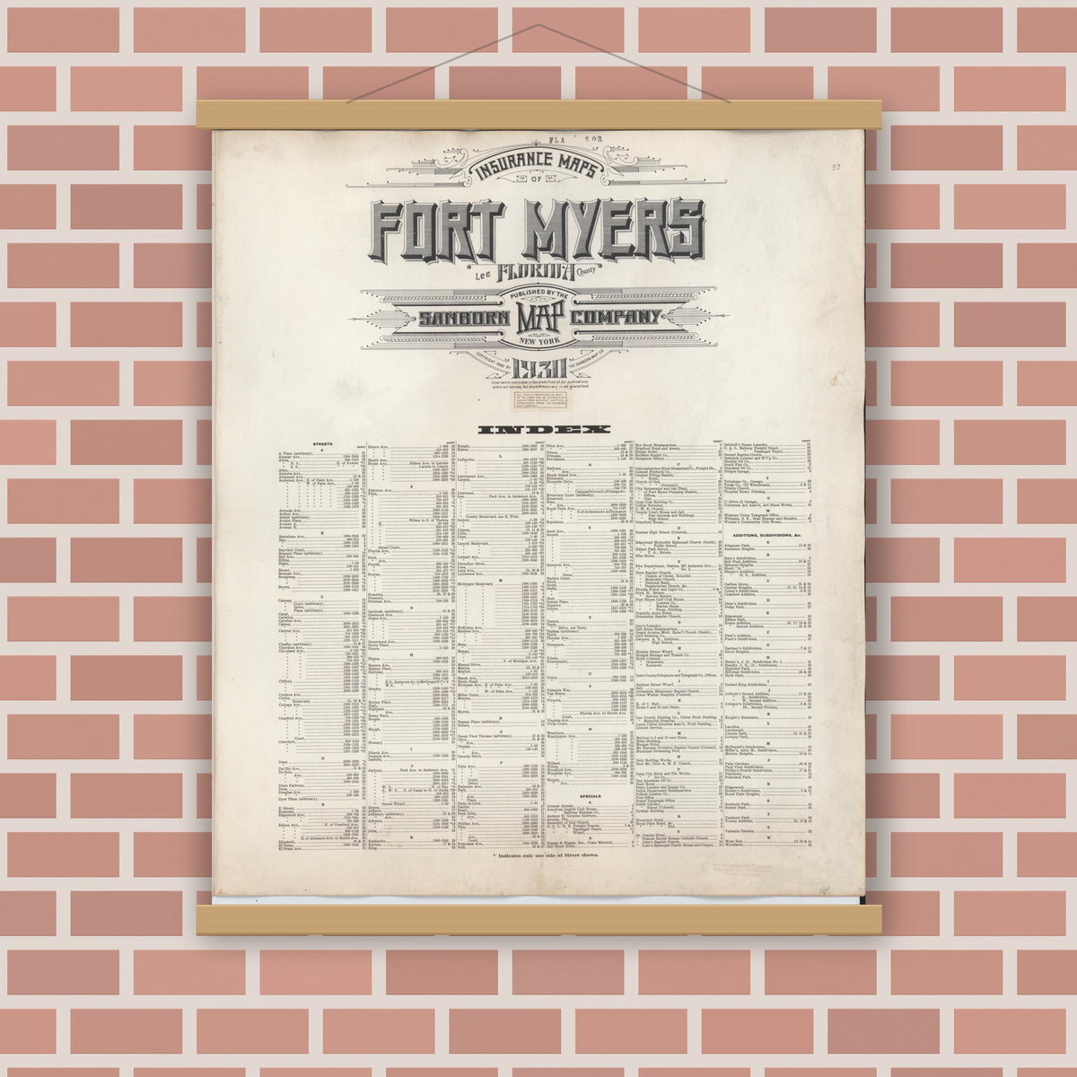 Old map wall art mockup — magnetic wood frame on brick wall — Sanborn Fire Insurance Map from Fort Myers, Lee County, Florida (1948), Sheet #0001