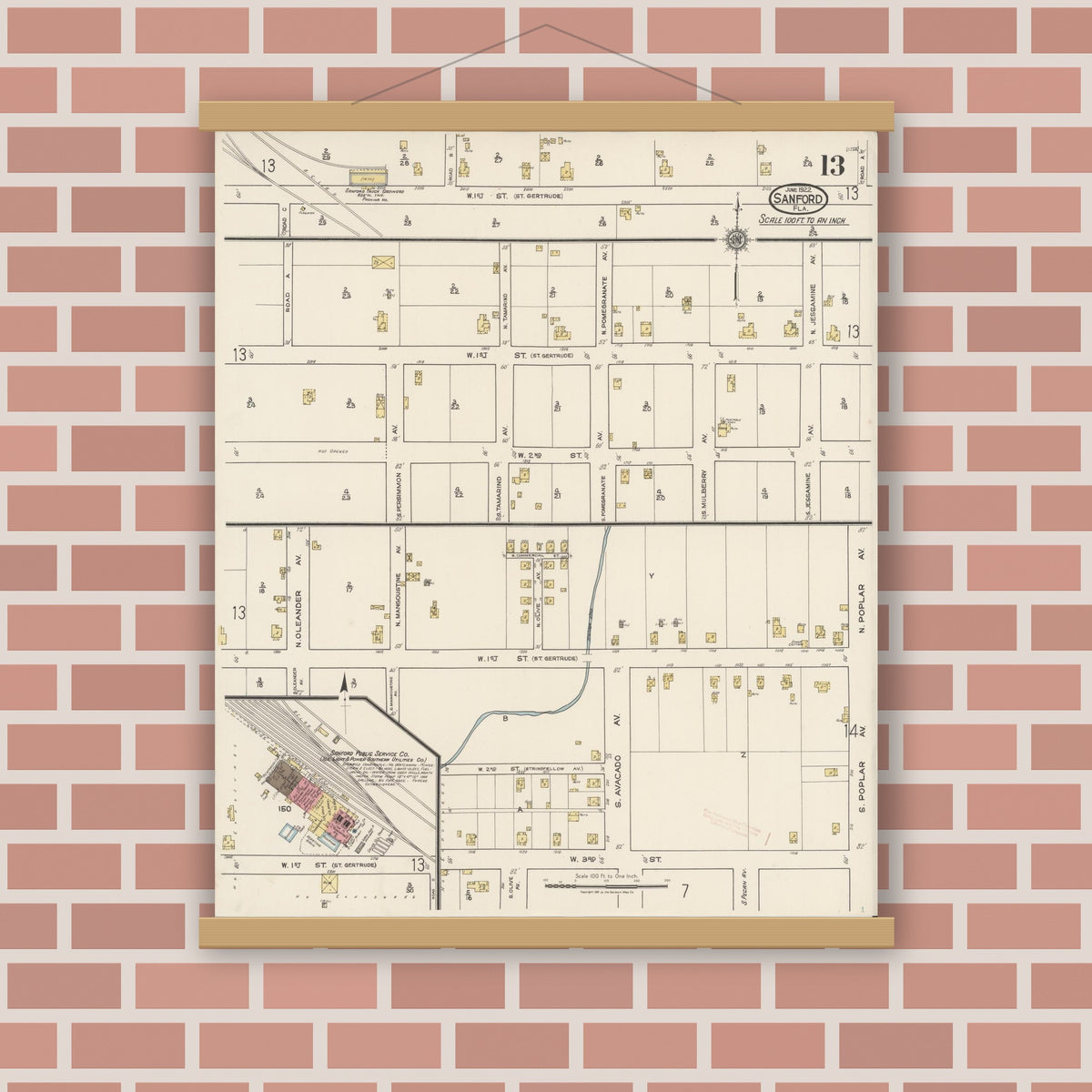 Old map wall art mockup — magnetic wood frame on brick wall — Sanborn Fire Insurance Map from Sanford, Seminole County, Florida (1922), Sheet #0013