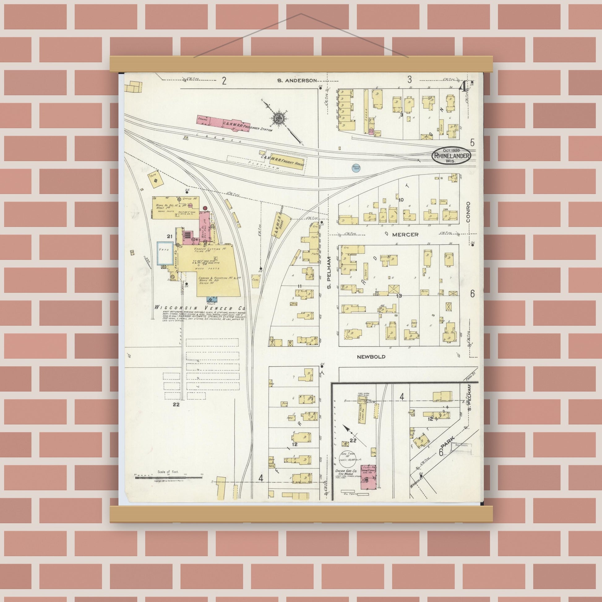 Old map wall art mockup — magnetic wood frame on brick wall — Sanborn Fire Insurance Map from Rhinelander, Oneida County, Wisconsin (1920), Sheet #0004