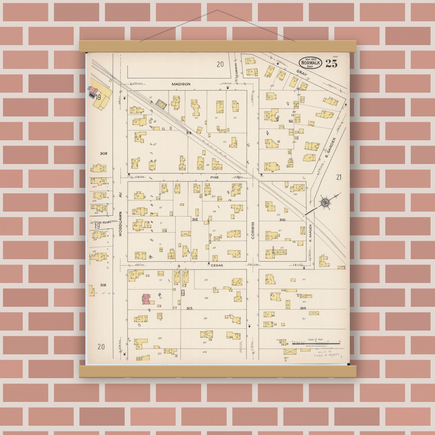 Old map wall art mockup — magnetic wood frame on brick wall — Sanborn Fire Insurance Map from Norwalk, Huron County, Ohio (1922), Sheet #0025