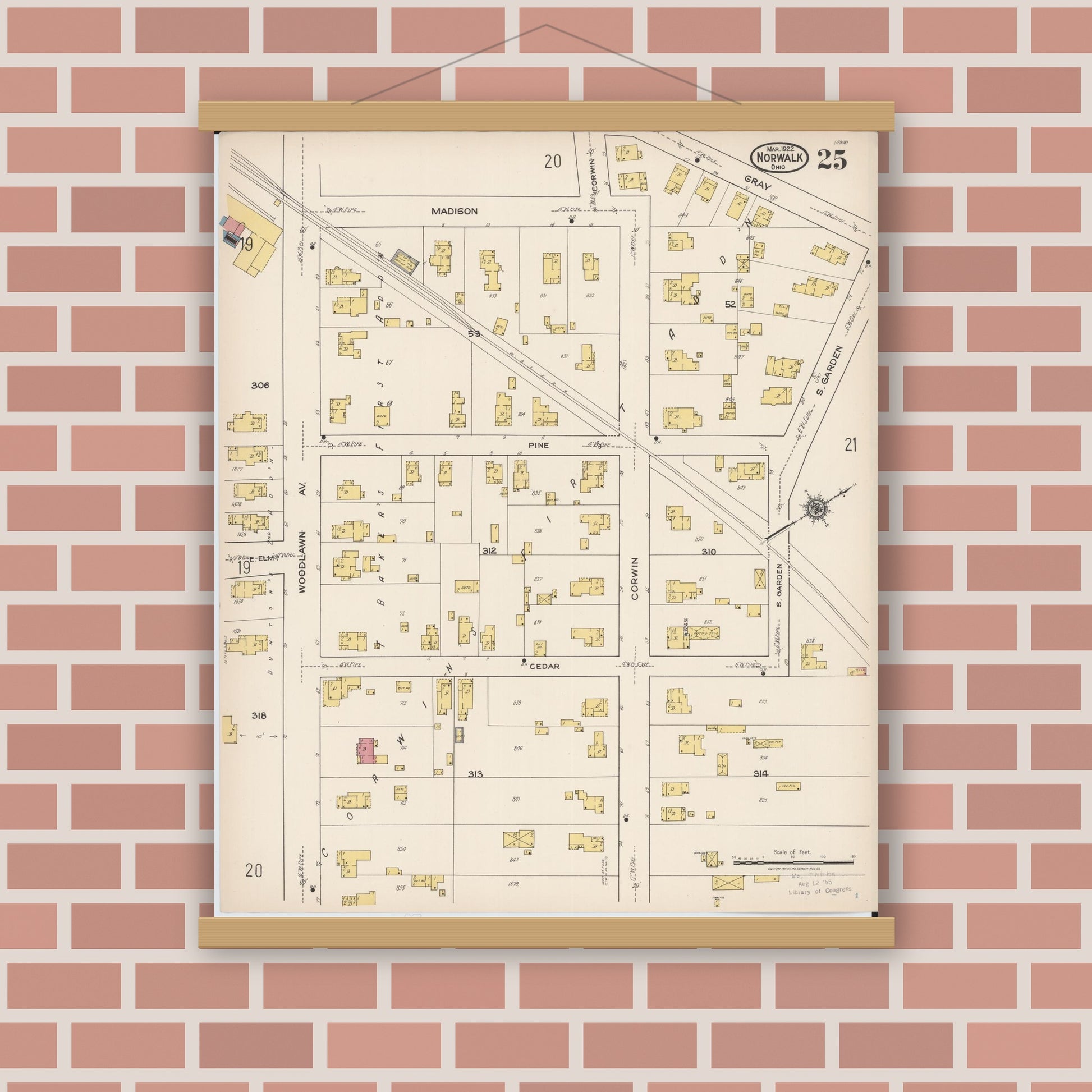 Old map wall art mockup — magnetic wood frame on brick wall — Sanborn Fire Insurance Map from Norwalk, Huron County, Ohio (1922), Sheet #0025