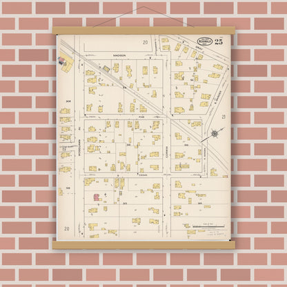 Old map wall art mockup — magnetic wood frame on brick wall — Sanborn Fire Insurance Map from Norwalk, Huron County, Ohio (1922), Sheet #0025